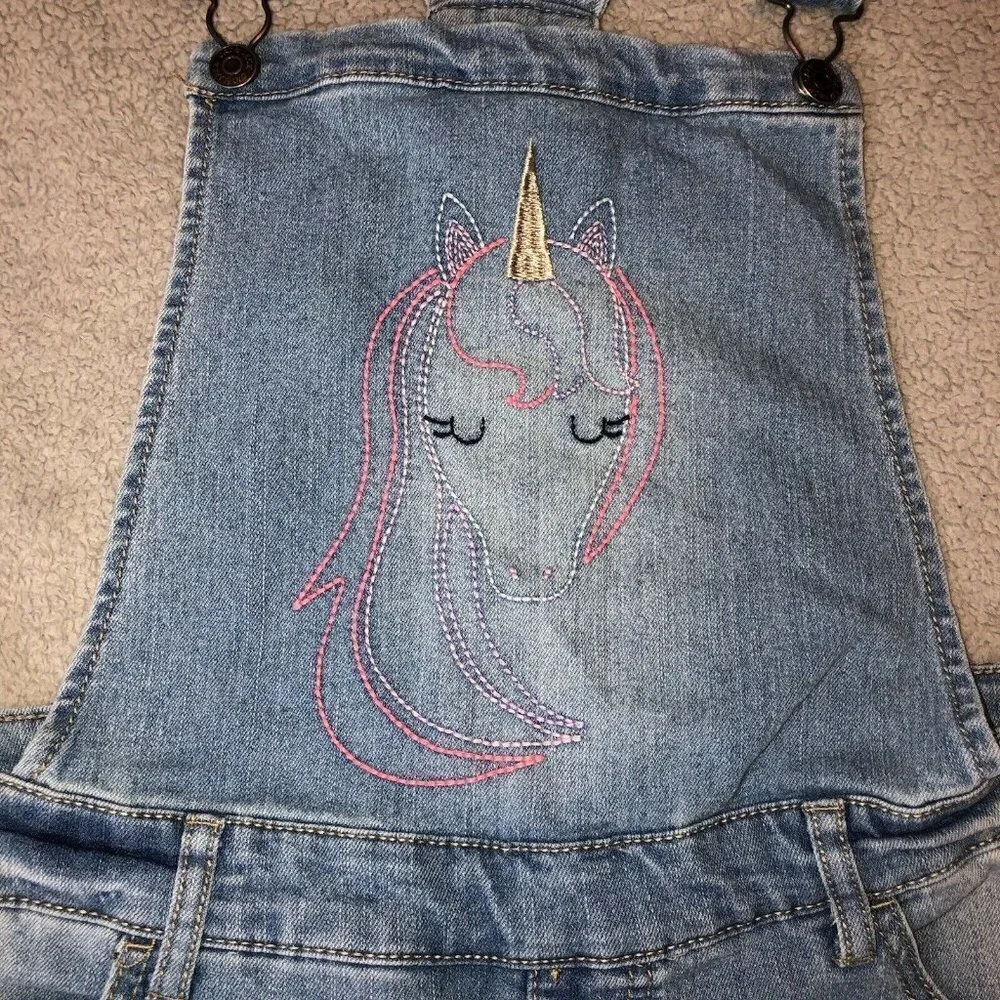 CAT & JACK Girls Embroidered Unicorn Denim Overalls Sz XL 14-16